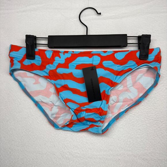 Todd Sanfield Swim Brief Men's Small Blue Red Discus Deep Retro Abstract NEW - Picture 1 of 5